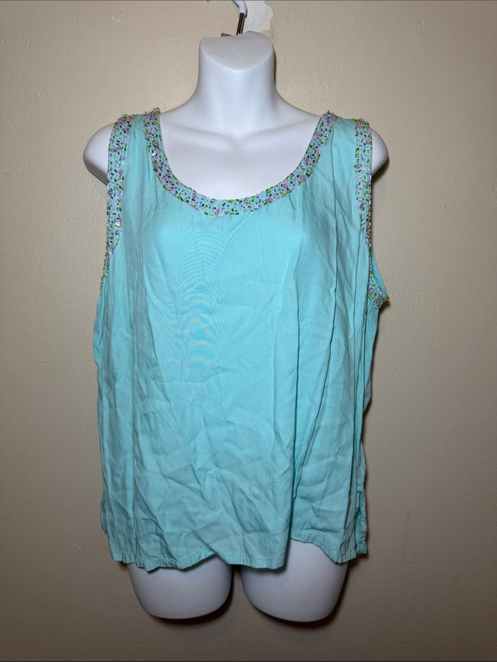 Mint Scoop-Neck Tank with Floral Trim - Women's